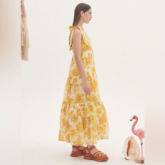 NEW Alemais Sonny Tiered Linen Midi Dress Size 6 (US) Lemon Yellow Floral - Picture 4 of 8